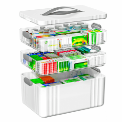 Medikamenten Aufbewahrung, 3 Stöckige Hausapotheke, Hausapotheke Box mit Tragegriff, Inkl. Portable Organizer, 34.1 * 22 * 24.5 cm Medikamentenbox Groß für Zuhause, Büro, Schule (Grau) Angebot bei HelloDeals