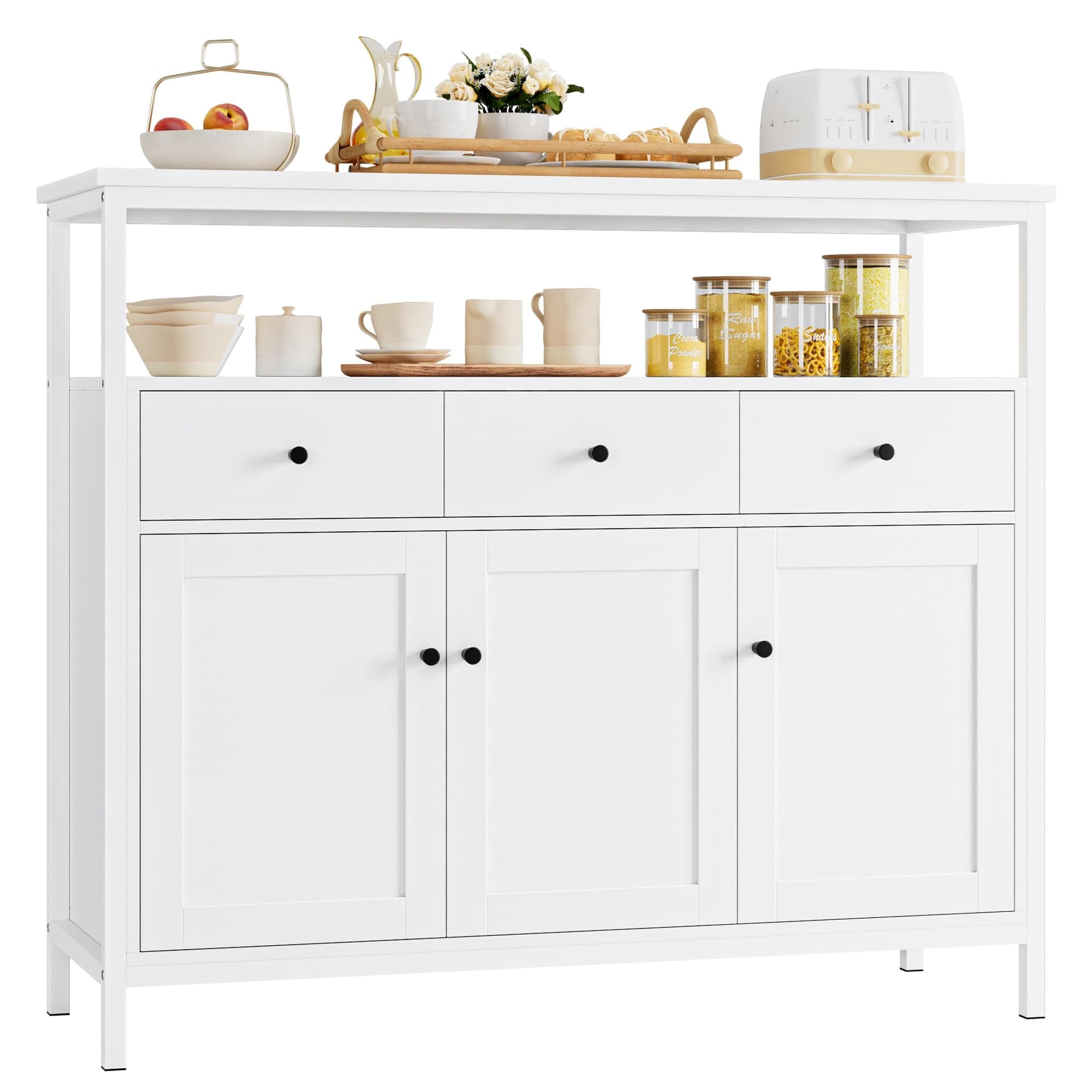 FirFurd Sideboard Küchenschrank mit 3 Schubladen 3 Türen, Küchenkommode, Buffetschrank für Küche Wohnzimmer Esszimmer, verstellbare Ablage, 108x38x98,5cm Weiß Angebot bei HelloDeals