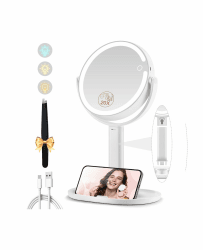 Kosmetikspiegel mit Beleuchtung, Vergrößerungsspiegel mit Licht 20fach, Kosmetikspiegel mit Vergrößerung 8", Doppelseitig 3 Farben 64 Led, Schminkspiegel mit Beleuchtung Rund 360° Drehbar Weiß-schreibtisch Angebot bei HelloDeals