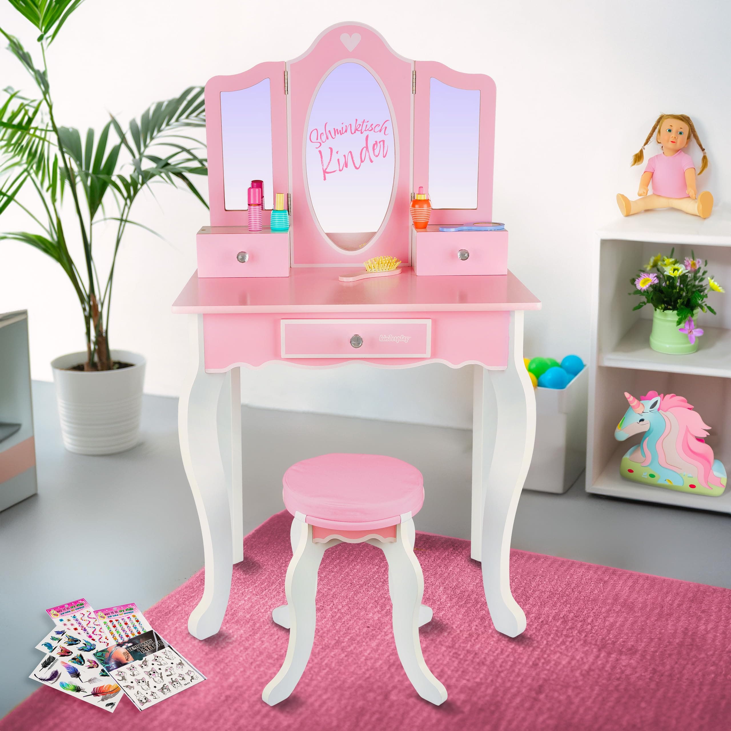 Kinderplay Green Schminktisch für Kinder 60 x 39 x 105,5 cm – Sicherer Plexiglas-Spiegel & Stabiler Hocker – Für Rollenspiele im Kinderzimmer – Rosa Frisiertisch mit Zubehör Rosa, mit Zubehör Angebot bei HelloDeals