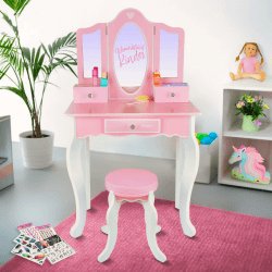Kinderplay Green Schminktisch für Kinder 60 x 39 x 105,5 cm – Sicherer Plexiglas-Spiegel & Stabiler Hocker – Für Rollenspiele im Kinderzimmer – Rosa Frisiertisch mit Zubehör Rosa, mit Zubehör Angebot bei HelloDeals