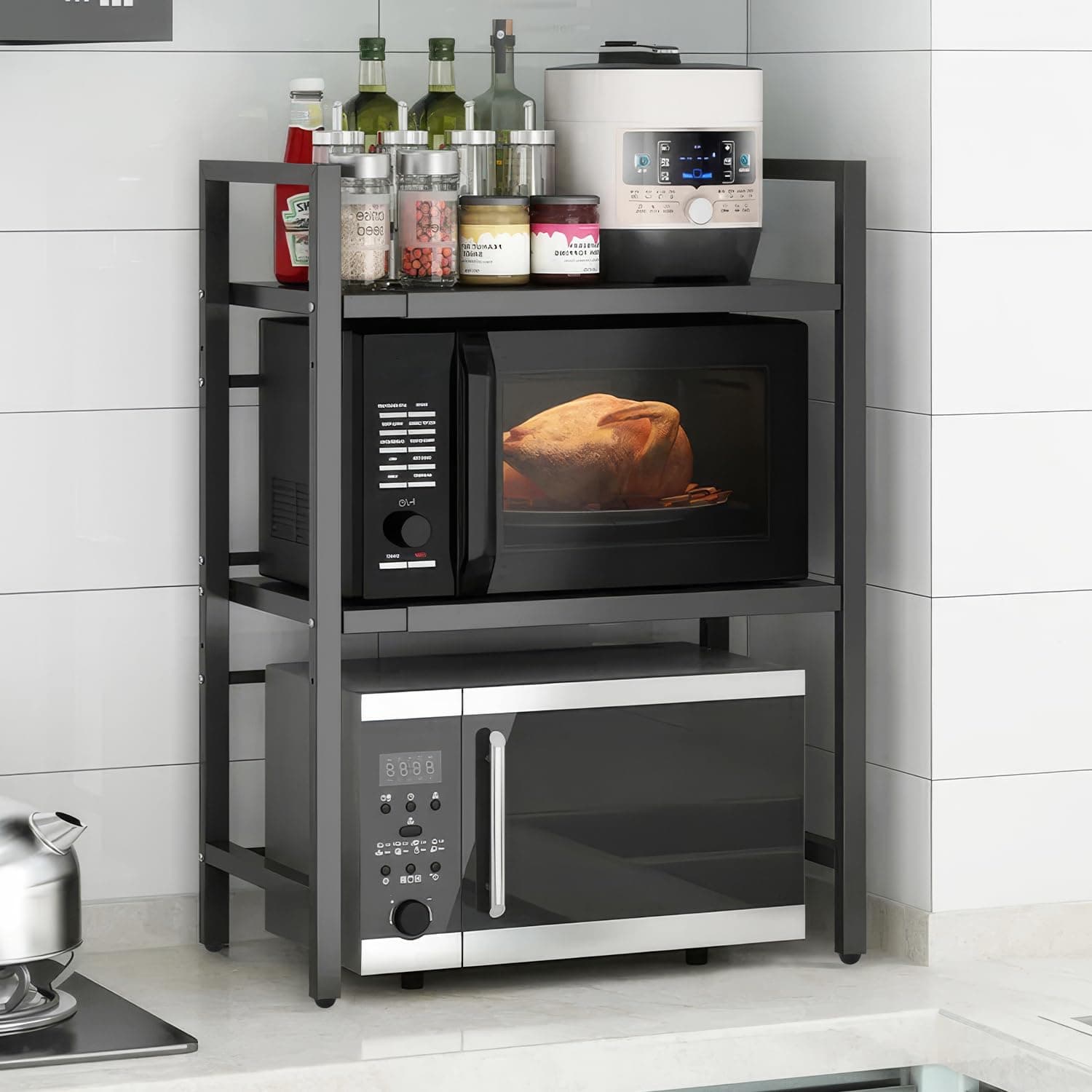 ALANNG Mikrowellen Regal, 3 Stufig Mikrowellenregal Küche Arbeitsplatte, Küchenregal Stehend für Backofen/Kaffeemaschine, Stabile Microwave Stand mit 6 Haken, Schwarz Angebot bei HelloDeals