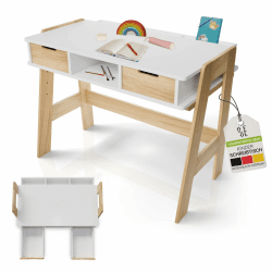 Juskys Kinderschreibtisch Fietje - Höhenverstellbarer Schreibtisch für Kinder, aus Holz, mit 2 Schubladen und viel Stauraum - Lerntisch in Weiß Angebot bei HelloDeals