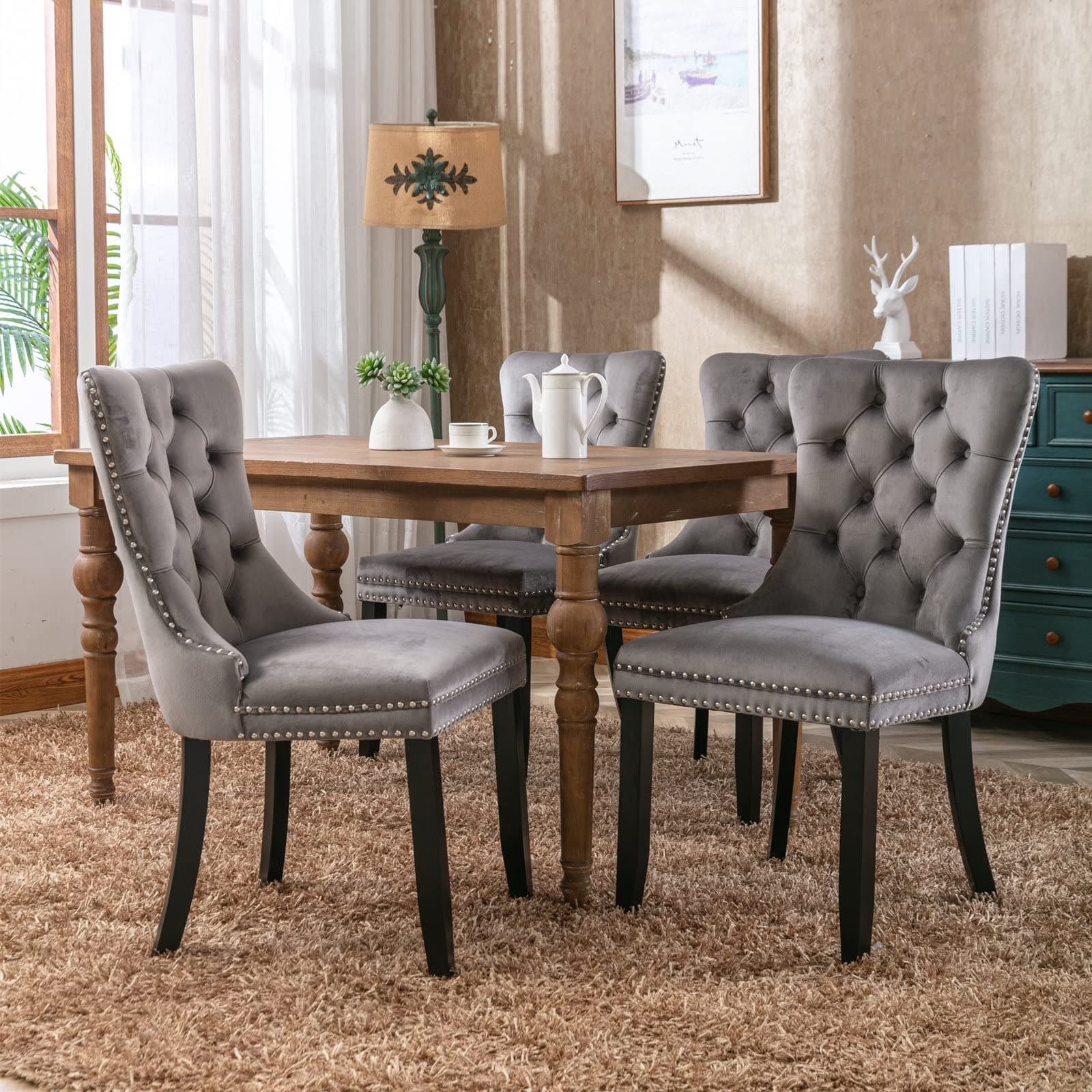 Esszimmerstühle 4er Set, Küchenstühle 4er Set, Tufted Hoher Rücken Stühle, Samt Weich Gepolstert Essstuhl mit Holzbeinen, Nieten Dekoration, Belastbarkeit 130kg, Grau 4er set Grau Angebot bei HelloDeals