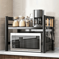 Erweiterbares Mikrowellen Regal,2 stufiges,Stehend Mikrowellenregal,mit 6 Haken,Flexibel Ausziehbar von 40-65cm,für Arbeitsplatte,Bäckereiregale,Küchenorganizer, (Schwarz) Angebot bei HelloDeals