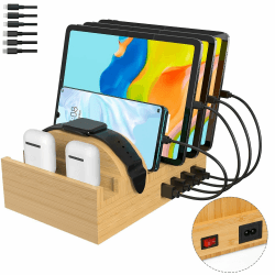 Ladestation für mehrere Geräte, Handy Ladestation 50W USB Ladegerät Schnelles Charger Organizer Kompatibel mit Handy Drahtloser Ladeständer Bambus Angebot bei HelloDeals