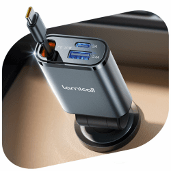 Lamicall 3 IN 1 Zigarettenanzünder USB C Auto Ladegerät -【2025 Super Kompakt】50W USB Adapter Auto Schnellladegerät mit einziehbare Typ-C Kabel/USB C/USB A, 24/12V KFZ Ladegerät Auto für iPhone/Samsung Grau Angebot bei HelloDeals