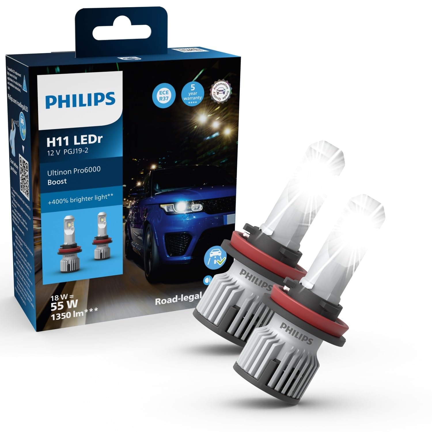 Philips Ultinon Pro6000 Boost H11-LEDr Scheinwerferlampe mit Straßenzulassung*, UNECE-R37 Zulassung mit E-Zeichen, +400% helleres Licht** H11 LED Boost Angebot bei HelloDeals