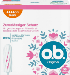 o.b. Tampons Original Super 56 Stk., mit StayDry-Technologie und geschwungenen Rillen für starke Tage, 100 Prozent pflanzlich basierter Tamponkern 56 Stück (1 x 56) Angebot bei HelloDeals