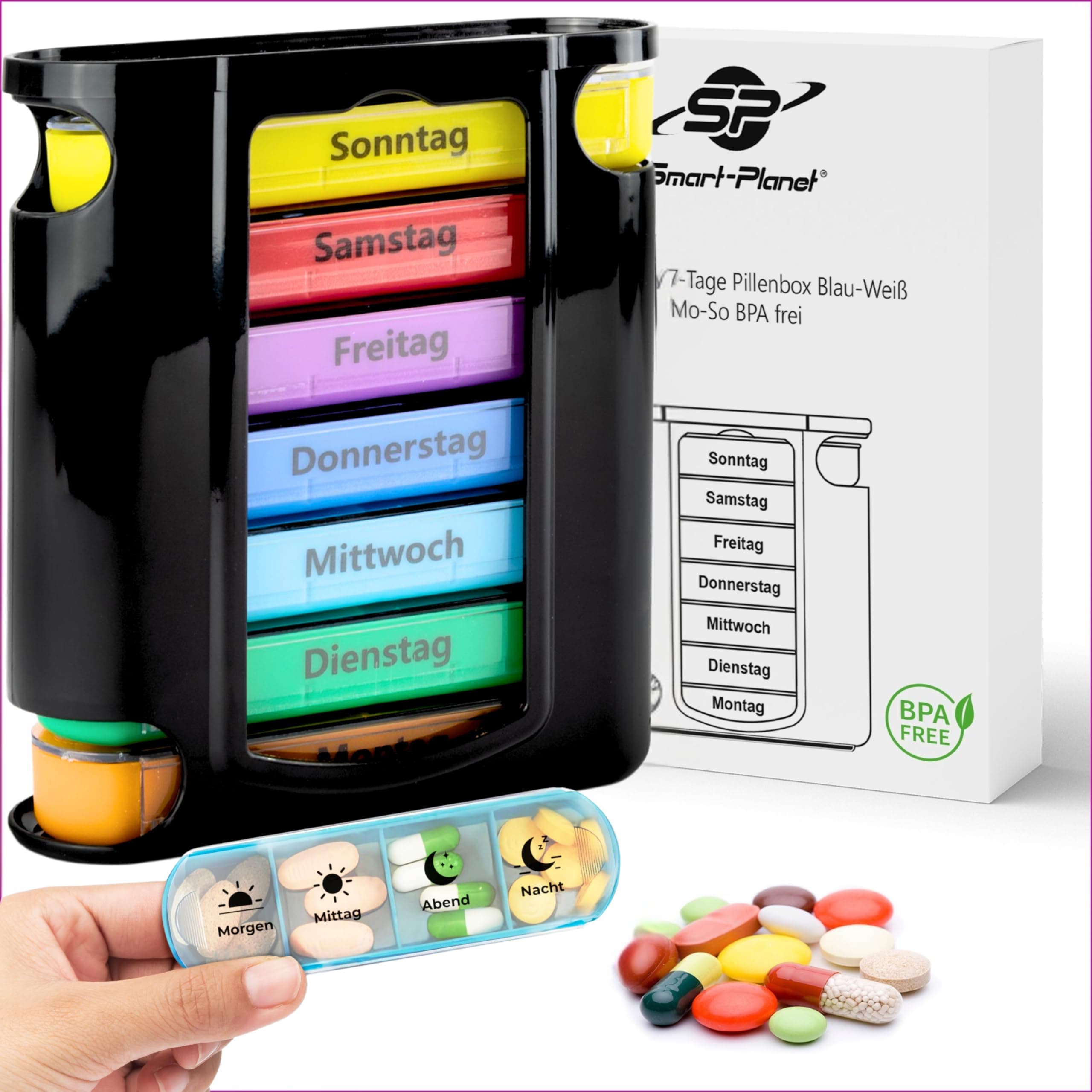 Tablettenenbox 7 Tage 4 Fächer - BPA frei - Pillenbox handlicher Organizer für unterwegs Pillendose - - Medikamentendose morgens mittags abends Supplements Woche - Medikamentenbox Smart Planet Angebot bei HelloDeals