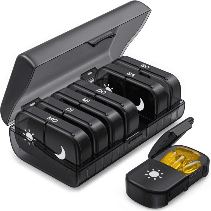 AUVON Tablettenbox 7 Tage Morgens Abends, Handlicher Medikamentenbox Pillendose mit großen Fächern & Privacy-Schutz in Schwarz - Ideal für Medikamente, Vitamine, Fischöl & Nahrungsergänzungsmittel A-schwarz Angebot bei HelloDeals