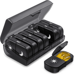 AUVON Tablettenbox 7 Tage Morgens Abends, Handlicher Medikamentenbox Pillendose mit großen Fächern & Privacy-Schutz in Schwarz - Ideal für Medikamente, Vitamine, Fischöl & Nahrungsergänzungsmittel A-schwarz Angebot bei HelloDeals