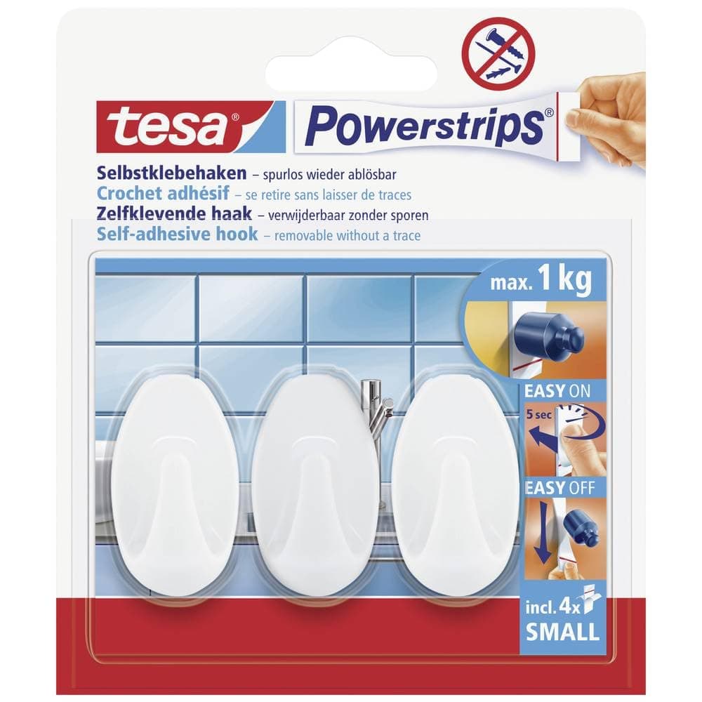 tesa Powerstrips Haken Small OVAL - Selbstklebender Wandhaken für Glas, Kacheln, Holz, Kunststoff und andere Untergründe - Weiß 1 Packung Weiß Angebot bei HelloDeals