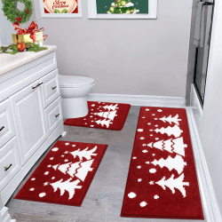 Weihnachtsbaum Badvorleger Set 3 Teilig, Badezimmerteppich Badteppich Set rutschfeste Wasserabsorbierend Schneeflocken WC Toilettenmatte Maschinenwaschbar Duschvorleger Duschteppich,Rot Baum 45x65+45x120+U50x60cm Angebot bei HelloDeals