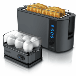 Arendo - SET Eierkocher SIXCOOK mit Toaster FRUKOST Edelstahl Cool Grey, Toaster 4 Scheiben, LED-Display, 6 Bräunungsgrade, Brötchenhalter - Eierkocher 1-6 Eier, Messbecher A: Cool Grey Angebot bei HelloDeals