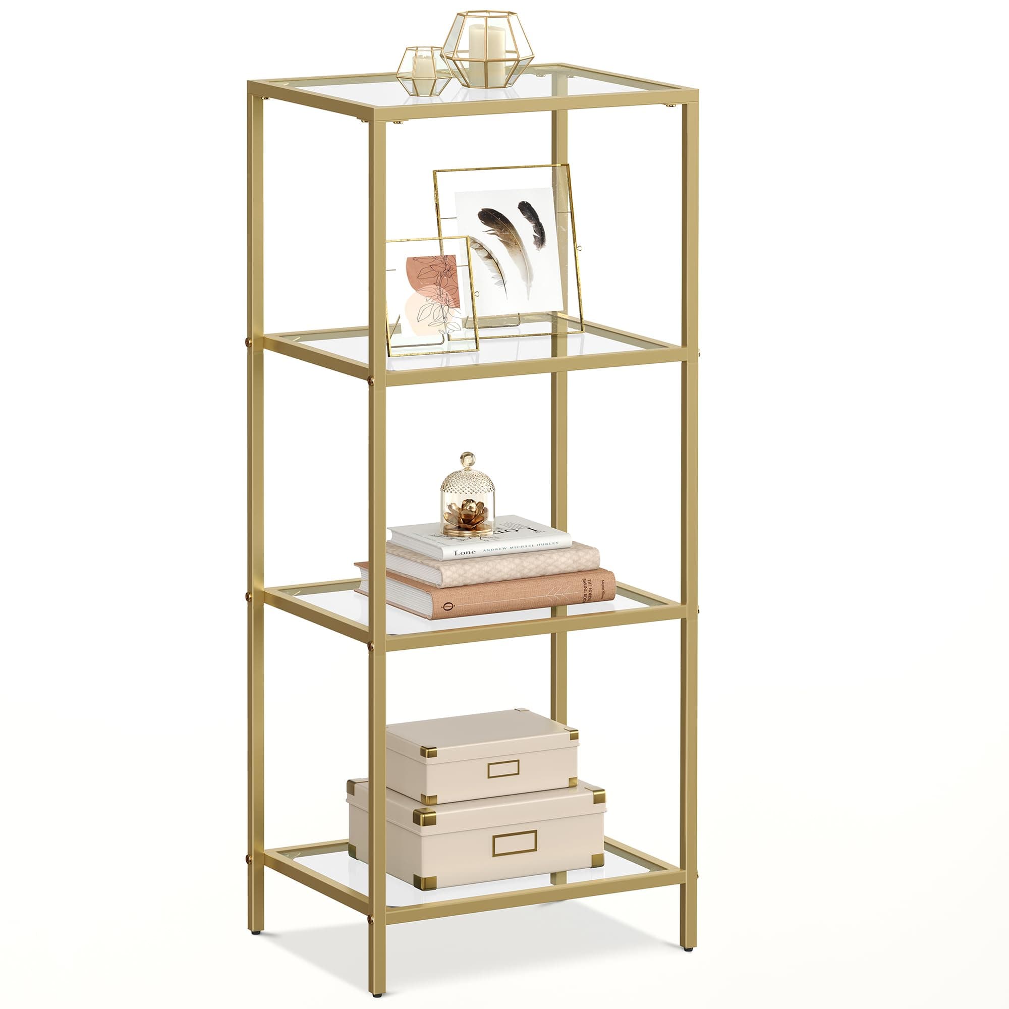 VASAGLE Regal mit 4 Ablagen, Badregal, gehärtetes Glas, einfache Montage, für Badezimmer, Wohnzimmer, Küche, Büro, transparent-metallisches Gold LGT28G 4 Ablagen (40B x 95H cm) Transparent + Metallisches Gold Angebot bei HelloDeals