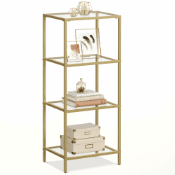 VASAGLE Regal mit 4 Ablagen, Badregal, gehärtetes Glas, einfache Montage, für Badezimmer, Wohnzimmer, Küche, Büro, transparent-metallisches Gold LGT28G 4 Ablagen (40B x 95H cm) Transparent + Metallisches Gold Angebot bei HelloDeals