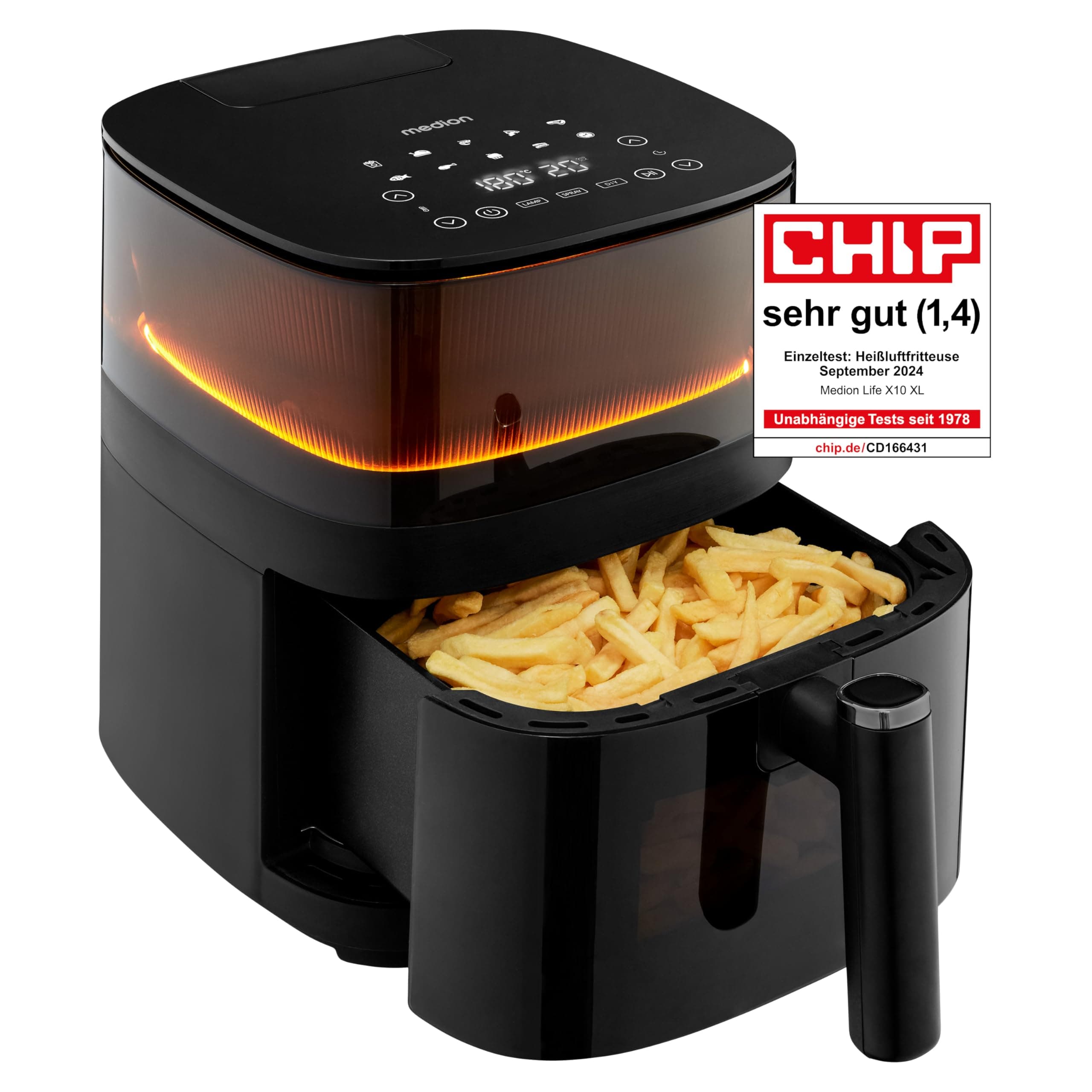 MEDION X10 XL Heißluftfritteuse MD11780 (5 Liter, Airfryer, innovative Wassersprühfunktion für krosse knusprige Speisen, 1.500 Watt, Sichtfenster, Schüttel Alarm,10 Automatikprogramme) Angebot bei HelloDeals