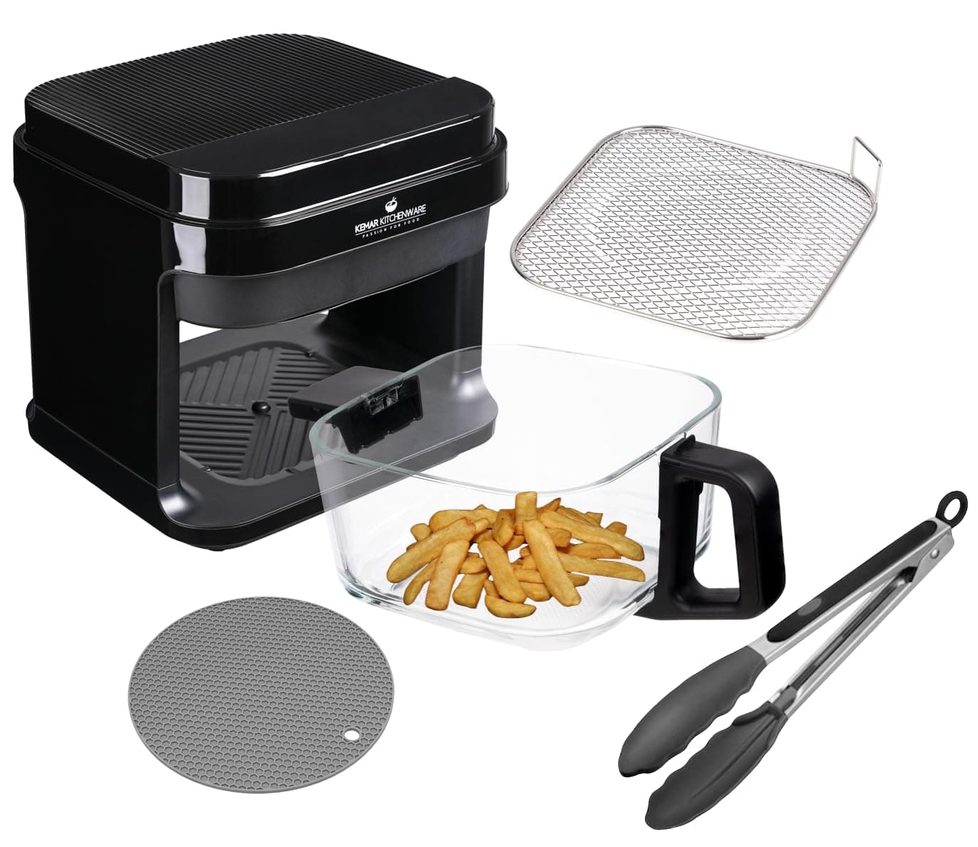 KHF-550 Heißluftfritteuse, 5,5 Liter,1.200W, Touchdisplay,Frittierkorb aus Glas ohne Beschichtung, Airfryer mit Zange und Silikonuntersetzer (KHF-550 Standardausführung) Angebot bei HelloDeals