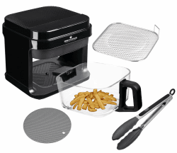 KHF-550 Heißluftfritteuse, 5,5 Liter,1.200W, Touchdisplay,Frittierkorb aus Glas ohne Beschichtung, Airfryer mit Zange und Silikonuntersetzer (KHF-550 Standardausführung) Angebot bei HelloDeals