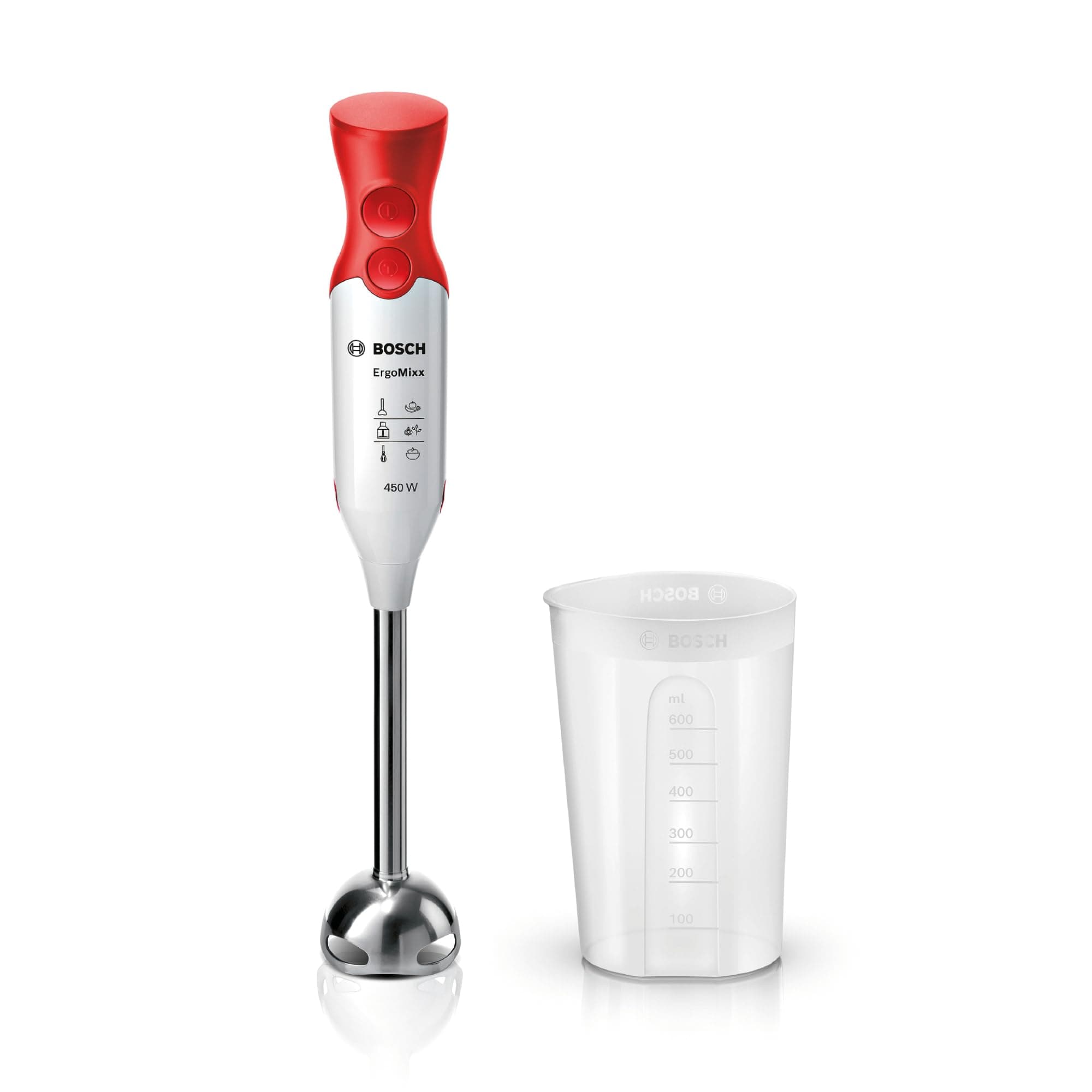 Bosch Stabmixer ErgoMixx, Edelstahl-Mixfuß, Mix- und Messbecher, 2 Geschwindigkeitsstufen, leichtes Gehäuse, 4-Klingen-Messer, einfache Reinigung, 600 W, weiß/grau, MSM66110 Angebot bei HelloDeals