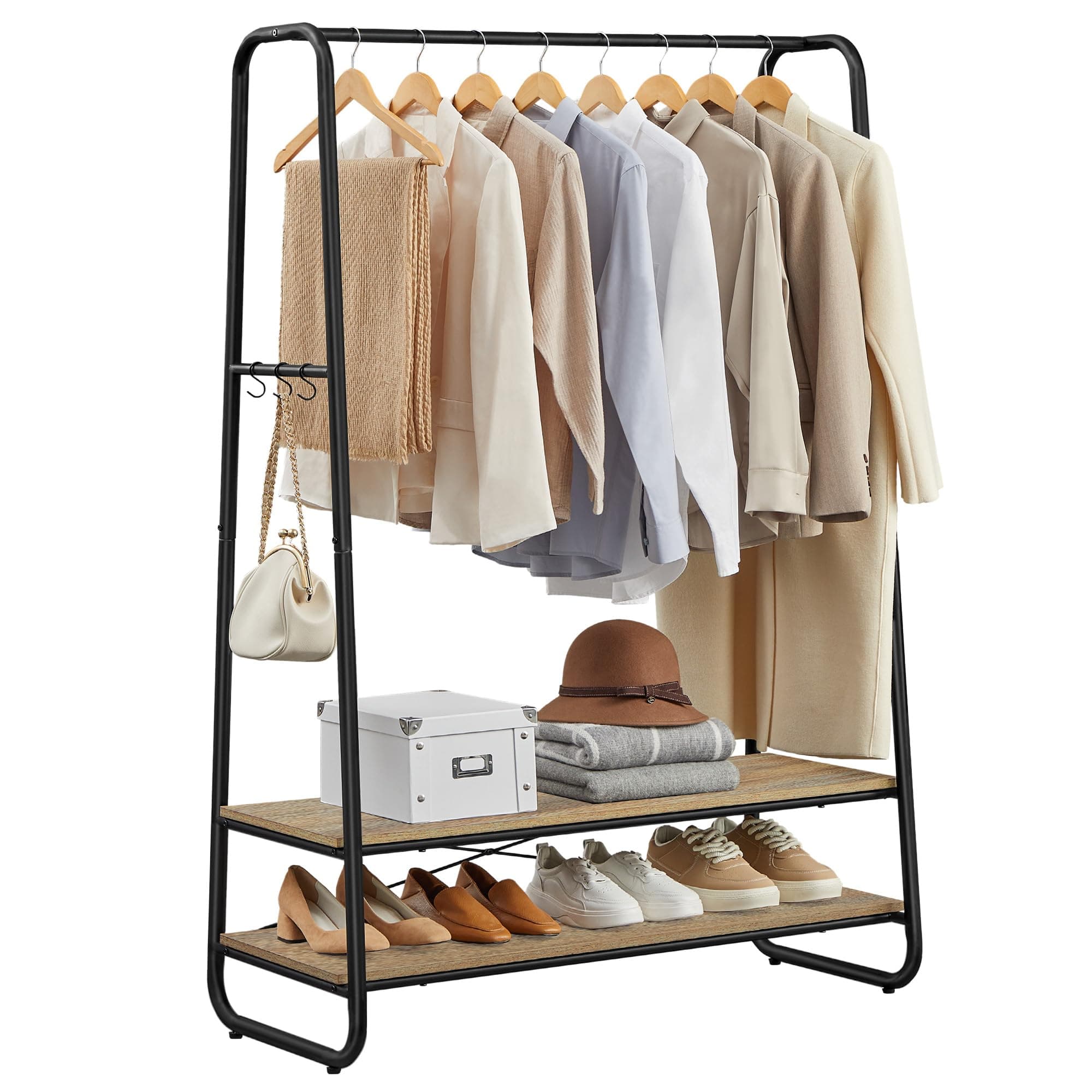 VASAGLE Kleiderständer, Garderobenständer, Garderobe, 2 Ablagen, 6 Haken in S-Form, Stahlgestell, 45 x 100 x 160 cm, für Schlafzimmer, Flur, Eingangsbereich, türkisbraun-mattschwarz RGR112K01 100B cm Türkisbraun + Mattschwarz Angebot bei HelloDeals