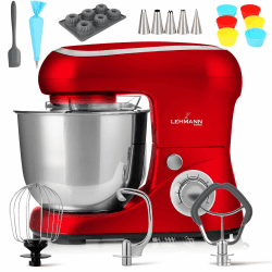 Lehmann Planetarische Küchenmaschine mit Edelstahlschüssel 5 L, Multifunktions Rührgerät 2200 W, 6 Geschwindigkeit Teigmaschine, inkl. Spritzschutzdeckel, Knethaken und Schneebesen (Rot) Angebot bei HelloDeals
