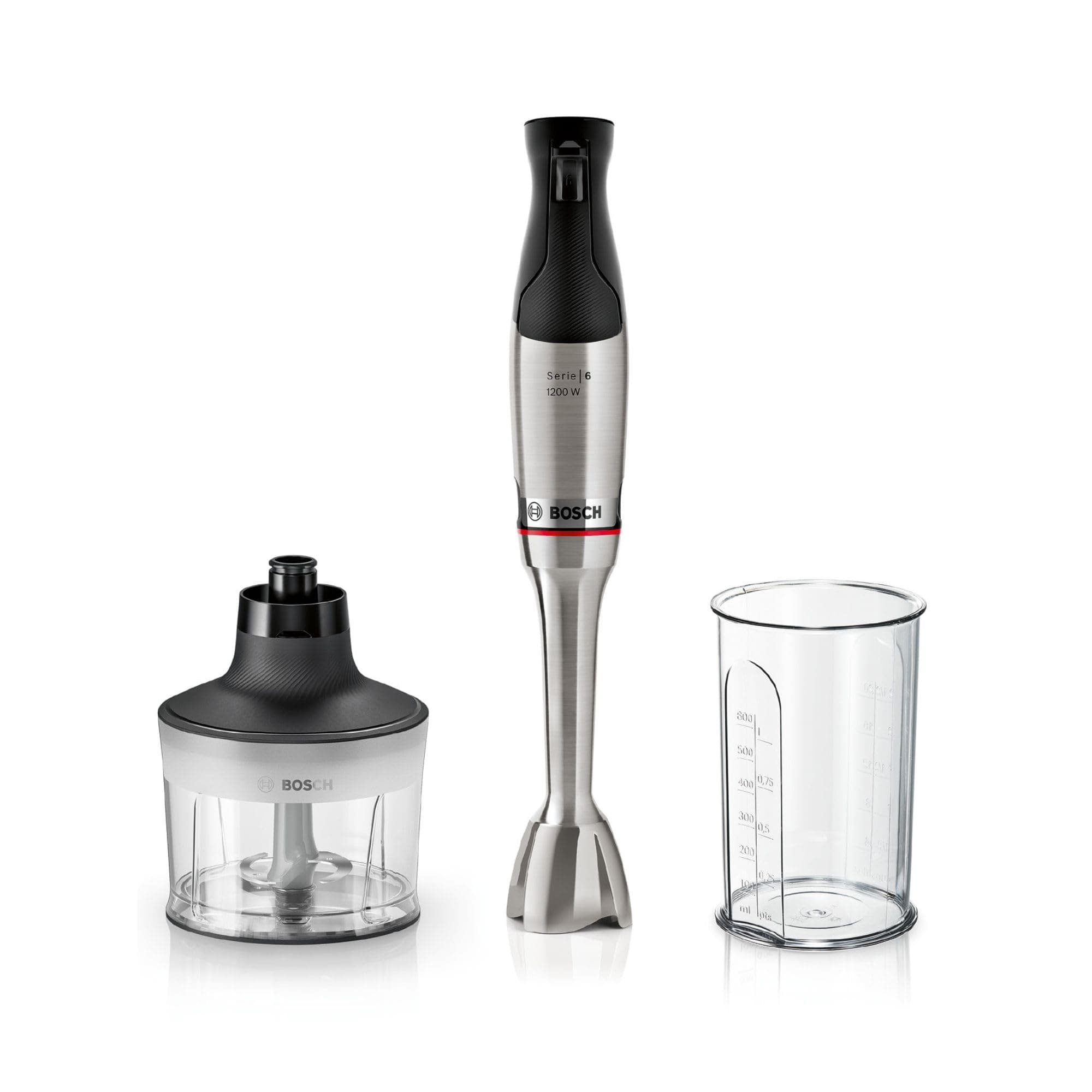 Bosch Stabmixer ErgoMaster Serie 6, Zerkleinerer, einhändig bedienbar, 4 Edelstahl-Klingen verschleißfreie Keramik-Kupplung, Luftkühlung, langlebig, Mixbecher, leistungsstark, 1200 W, MSM6M830 Angebot bei HelloDeals