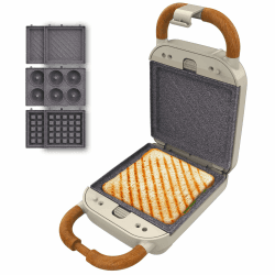 Cecotec Sandwichmaker Rock'Ntoast Retro One Beige. Drei austauschbare Platten, Retro-Design, Rockstone-Beschichtung, 700W, Leuchtanzeige, rutschfeste Basis, kühler Griff, Verschlusszange Angebot bei HelloDeals