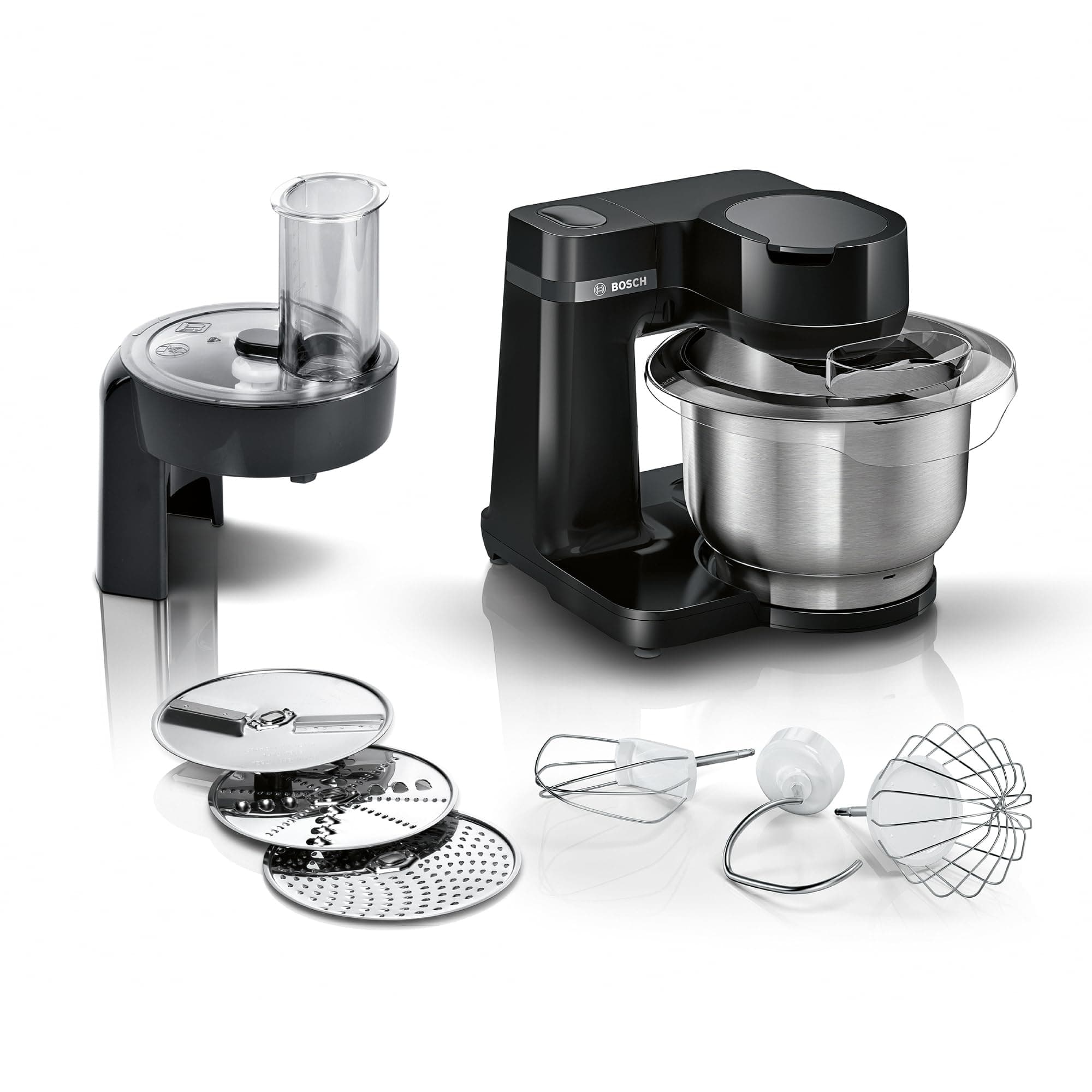 Bosch Küchenmaschine Serie 2, kleine Küchenmaschine, Edelstahl-Schüssel 3,8 L, Planetenrührwerk, Knethaken, Schlag-, Rührbesen Edelstahl, Durchlaufschnitzler, 3 Scheiben, 700 W, schwarz, MUMS2EB01 Angebot bei HelloDeals