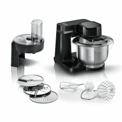 Bosch Küchenmaschine Serie 2, kleine Küchenmaschine, Edelstahl-Schüssel 3,8 L, Planetenrührwerk, Knethaken, Schlag-, Rührbesen Edelstahl, Durchlaufschnitzler, 3 Scheiben, 700 W, schwarz, MUMS2EB01 Angebot bei HelloDeals