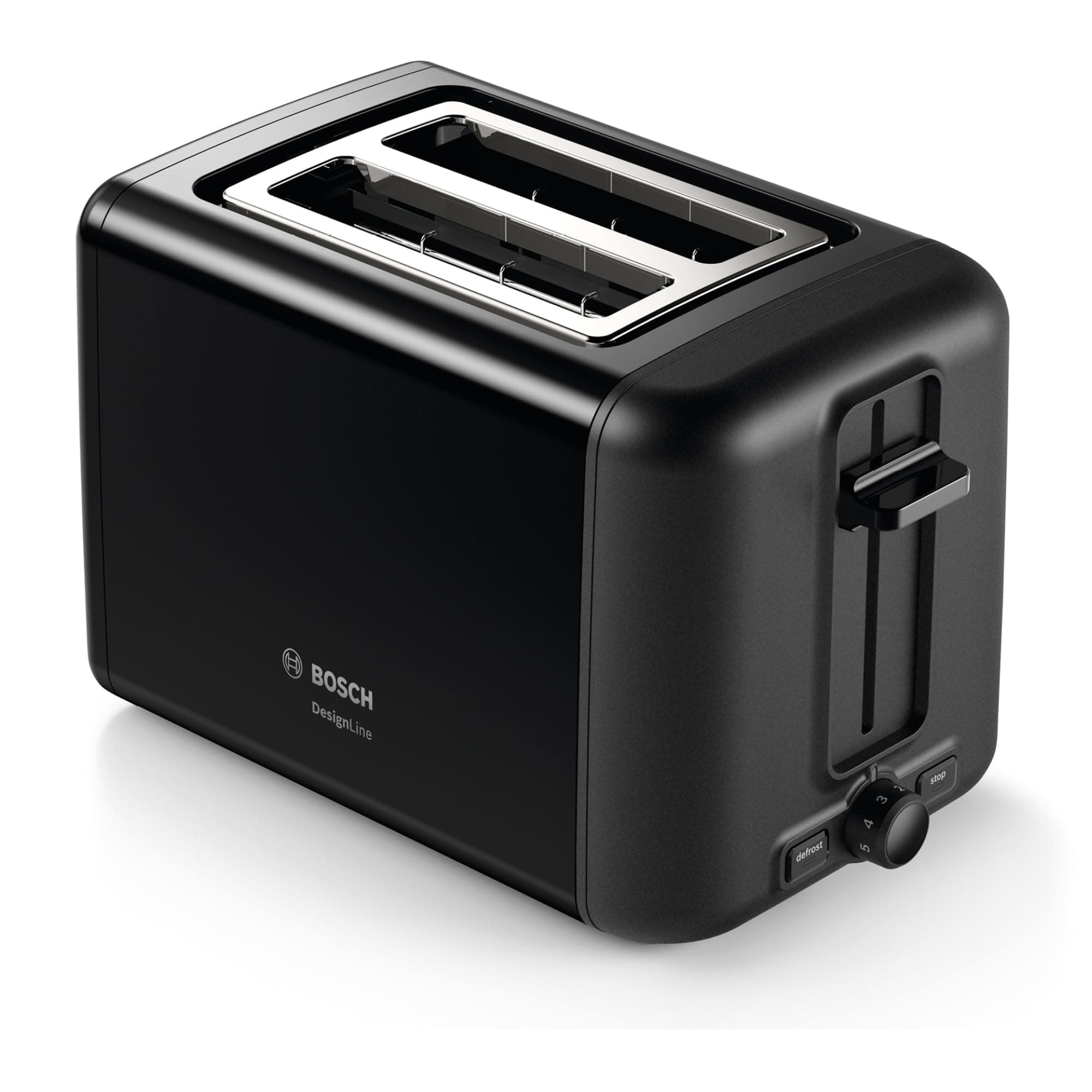 Bosch Kompakt Toaster DesignLine TAT3P423DE, Integrierter Edelstahl-Brötchenaufsatz, Mit Abschaltautomatik, Mit Auftaufunktion, Perfekt Für 2 Scheiben Toast, Liftfunktion, Breit, 970 W, Schwarz Angebot bei HelloDeals