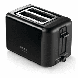 Bosch Kompakt Toaster DesignLine TAT3P423DE, Integrierter Edelstahl-Brötchenaufsatz, Mit Abschaltautomatik, Mit Auftaufunktion, Perfekt Für 2 Scheiben Toast, Liftfunktion, Breit, 970 W, Schwarz Angebot bei HelloDeals
