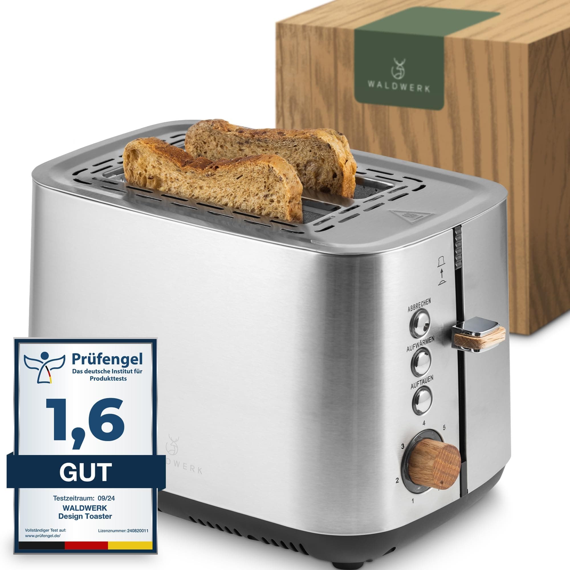 WALDWERK Design Toaster - aus 304 Edelstahl und Eichenholz - für 2 Scheiben - mit Brötchenaufsatz - mit extra breiten und tiefen Toastkammern - mit Krümelschublade Toaster Edelstahl und Holz Angebot bei HelloDeals