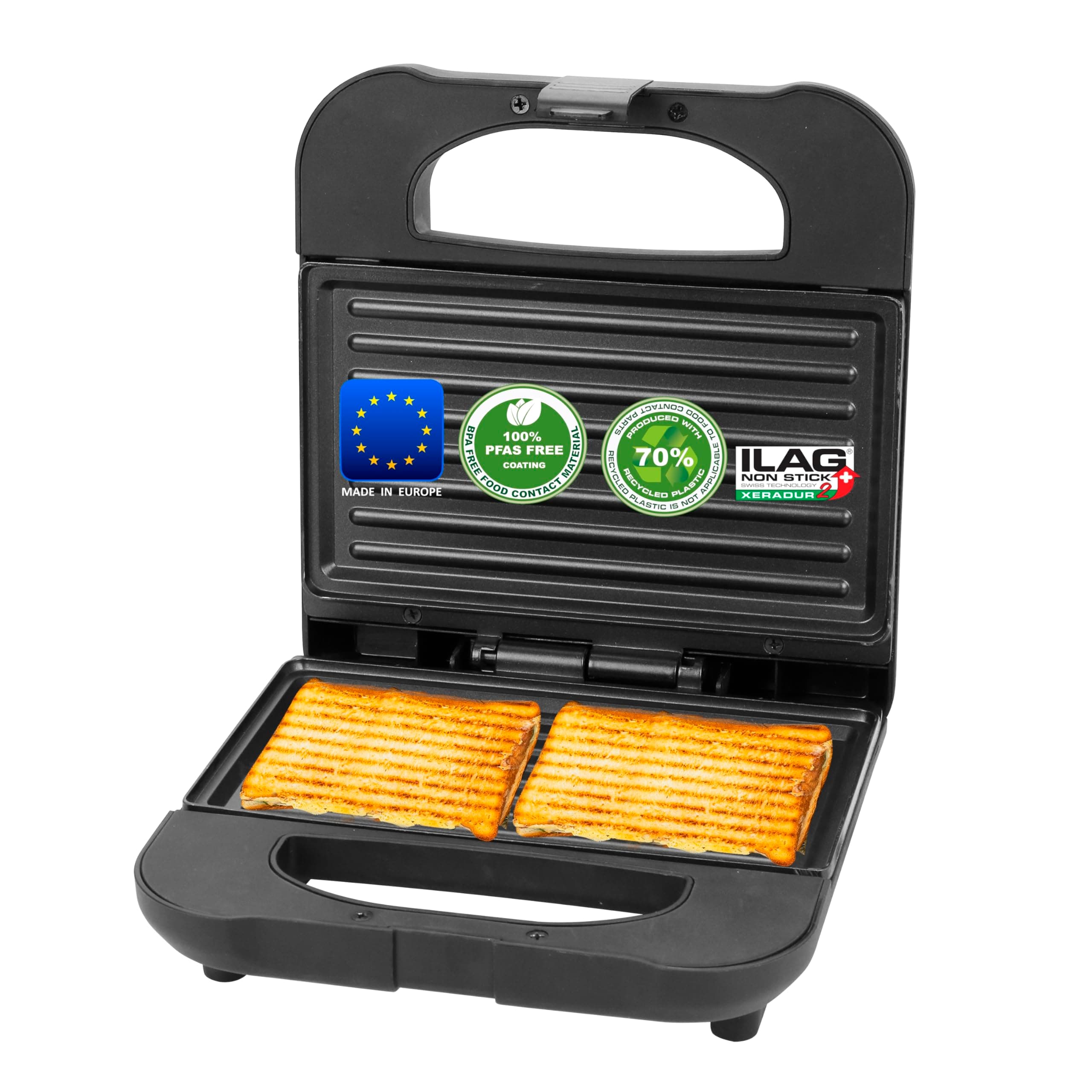 Emerio Sandwichmaker Paninigrill | MADE IN EUROPE | BPA- & PFAS-freie Antihaftbeschichtung von ILAG (Xeradur 2) | hergestellt aus ca. 70% recyceltem Kunststoff - sehr nachhaltig | 700W | ST-130038 Angebot bei HelloDeals