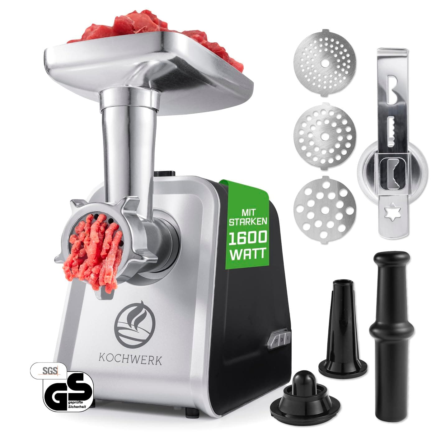 elektrischer Fleischwolf mit verschiedenen Aufsätzen | verarbeitet bis zu 2000g/min | Hackfleisch, Kibbeh, Churros, Wurst & mehr auf Knopfdruck | leichte Bedienung und Reinigung [1600W] Angebot bei HelloDeals