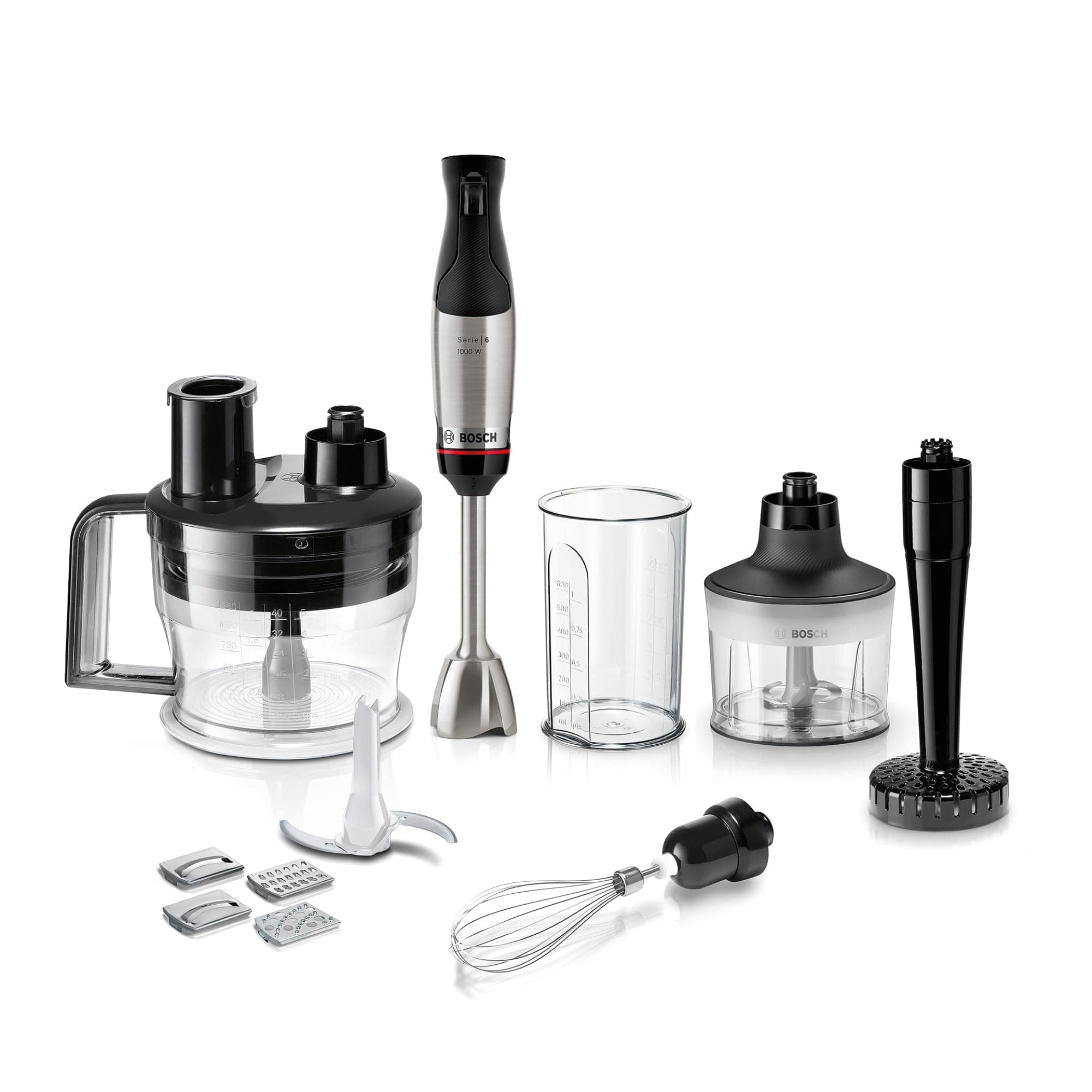 Bosch Stabmixer ErgoMaster Serie 6, 4 Edelstahl-Klingen, einhändig bedienbar, verschleißfreie Keramik-Kupplung, langlebig, Luftkühlung, Zerkleinerer, Kartoffelstampfer, Schneebesen, 1000 W, MSM6M673 Angebot bei HelloDeals