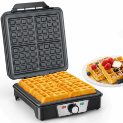 VINATO Waffeleisen, Belgisches Waffeleisen für 4 Waffeln, 1200W Schnelle und Stabile Wärme, Waffeln Maschine mit Antihaftbeschichtung von Heizplatten, Stufenlose Temperaturregulierung Schwarz Angebot bei HelloDeals