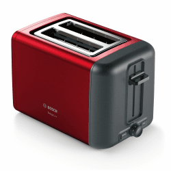 Bosch Kompakt Toaster DesignLine TAT3P424DE, integrierter Edelstahl-Brötchenaufsatz, mit Abschaltautomatik, mit Auftaufunktion, perfekt für 2 Scheiben Toast, Liftfunktion, breit, 970 W, rot Angebot bei HelloDeals