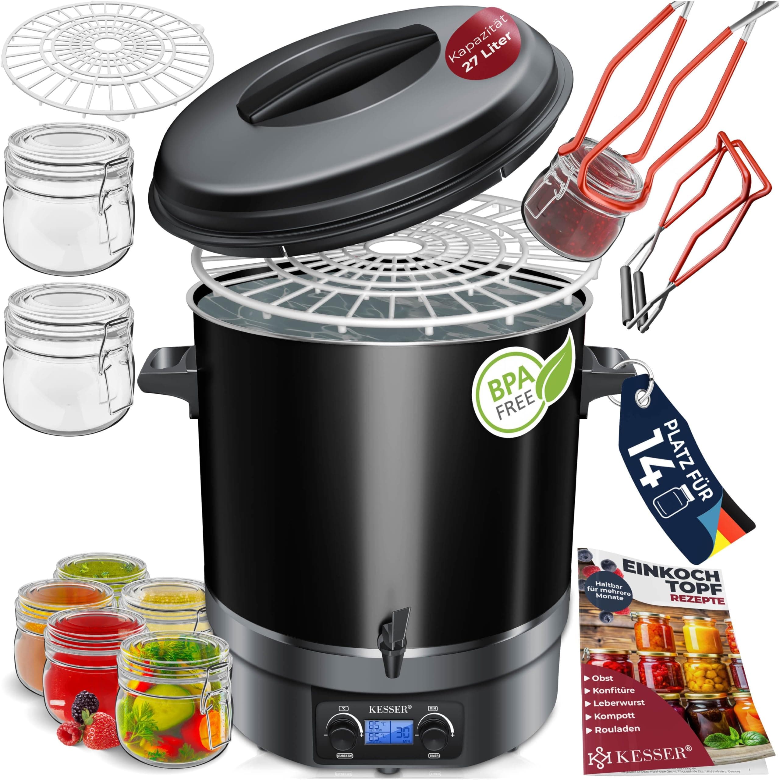 KESSER Einkochautomat 27 Liter Glühweinkocher Glühweinkessel mit Timer 2000 Watt Temperatur von 30-100°C Zeituhr bis 120 Minuten und Dauerbetrieb Abschaltautomatik Einkochvollautomat 2 Gläser & Zange 27 Liter Schwarz Angebot bei HelloDeals