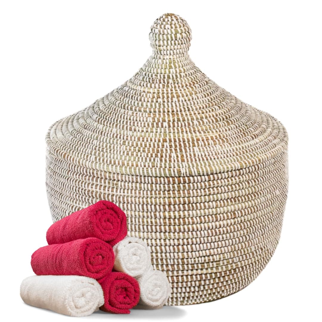 Afrikanischer Korb mit Deckel | Geflochtener Korb GAPARU | Handgefertigt aus Savannengras | Nachhaltig & Verantwortungsvoll produziert | Aufbewahrungskorb | Vielseitig einsetzbar Weiß Angebot bei HelloDeals