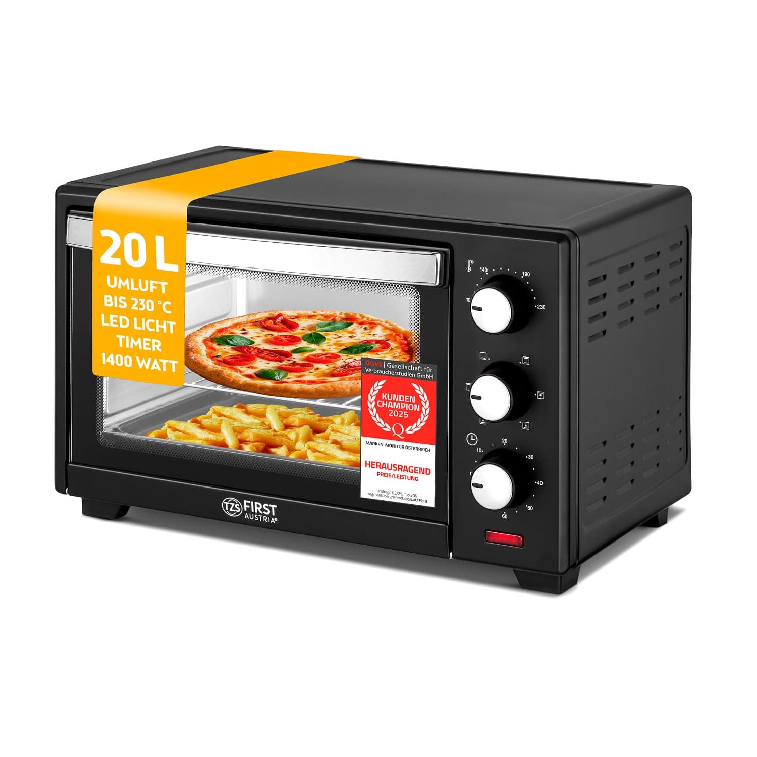 TZS First Austria - Minibackofen 20L 1380W - Mini Backofen stufenlose Temperaturregelung bis 230°C - Miniofen 60 Min. Timer, 3 Einschubhöhen, Backblech & Grillrost - Für kleine Küchen & Camping Angebot bei HelloDeals