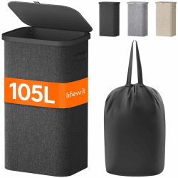 Lifewit 105L Wäschekorb mit Deckel, hoher Wäschekorb mit Kunststoffrahmen, faltbarer großer Wäschekorbsammler, Wäschekörbe für Schlafzimmer, Bad, Dunkelgrau 105L Dunkelgrau Angebot bei HelloDeals