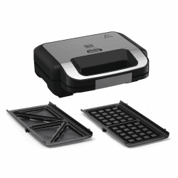 Tefal Jamie Oliver 2-in-1 Sandwich-Waffel-Kombigerät, Antihaftbeschichtete Platten, spülmaschinengeeignet, Betriebs- und Temperaturkontrollleuchte, Kabelaufwicklung, Edelstahl/Schwarz, SW70J810 Kompakt Design Edelstahl Angebot bei HelloDeals