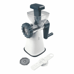 Fackelmann #easyprepare Fleischwolf mit Gebäckvorsatz – Drehwolf für Fleisch oder als Gebäckpresse zum Backen – 2 Lochscheiben (feines & grobes Hack) & 6 Formen für Spritzgebäck Fleischwolf Weiß/Blau-grau Angebot bei HelloDeals