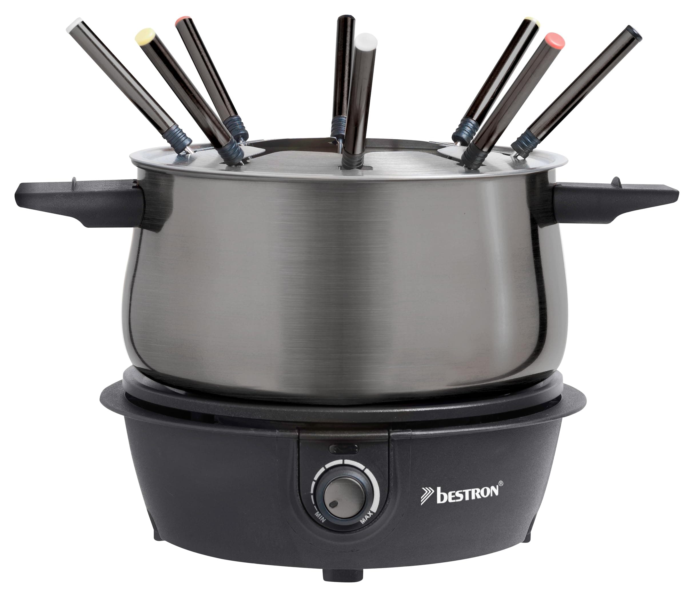 Bestron elektrisches Fondue Set für bis zu 8 Personen, mit 8x Fonduegabeln & stufenlosen Thermostat, inkl. Spritzschutz, Farbe: Titangrau Angebot bei HelloDeals