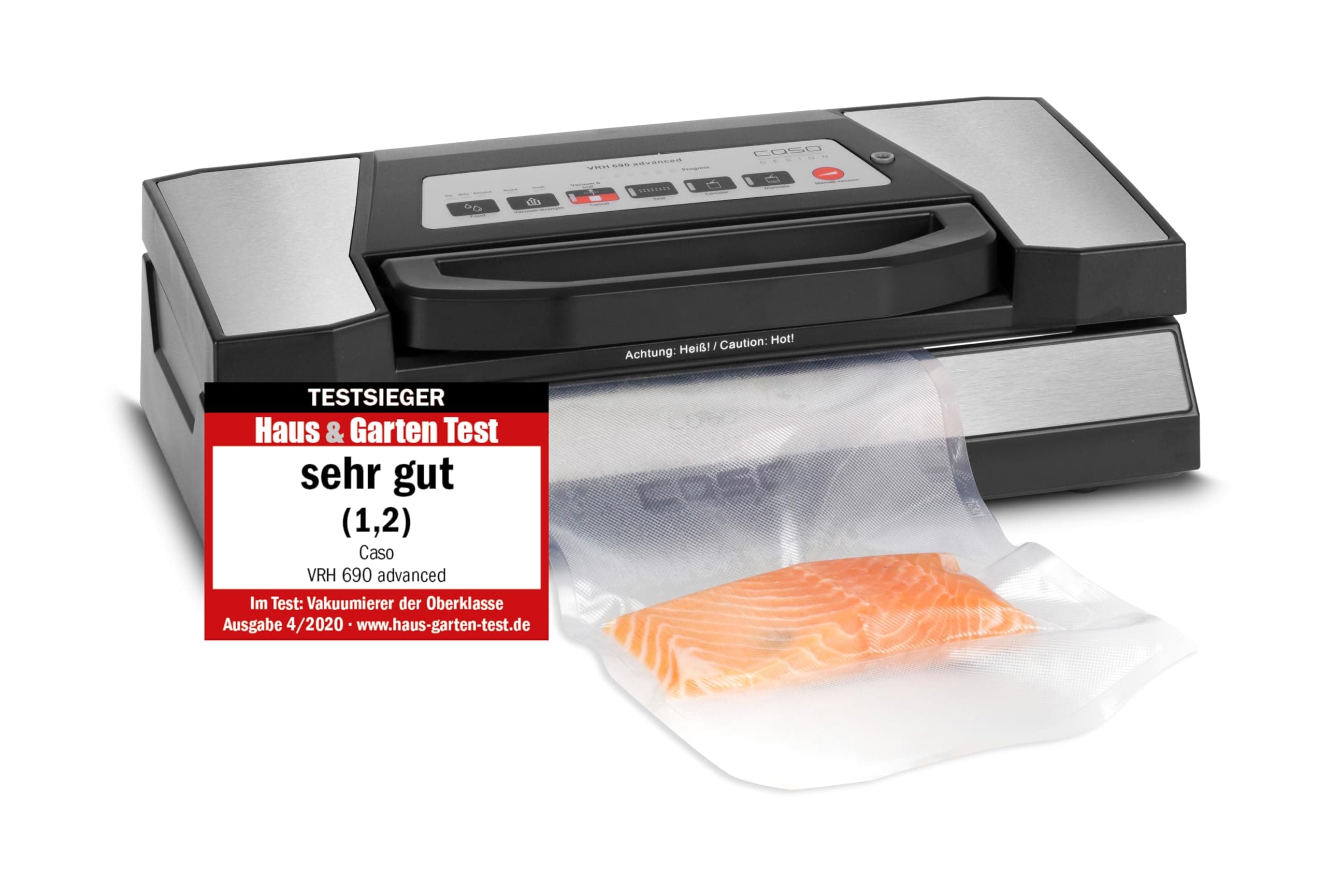 CASO VRH 690 advanced Vakuumierer Testsieger, Vakuumiergerät für Lebensmittel, 150 Vakuumiervorgänge nonstop, doppelte Schweißnaht, 20 Liter/Min, Cutter, inkl. 2 Profi- Folienrollen Angebot bei HelloDeals