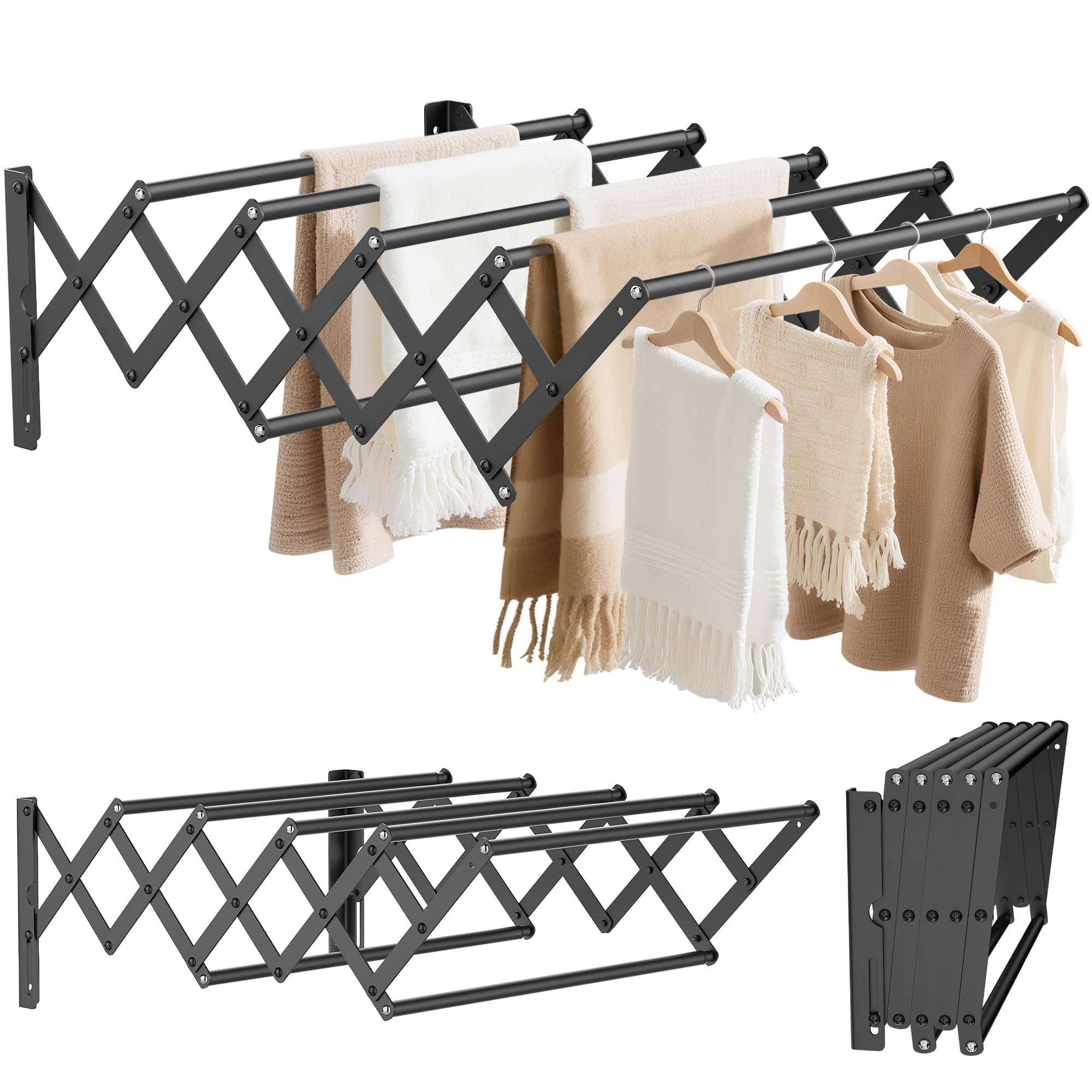 Wand Wäscheständer Edelstahl Wandtrockner Ausziehbar, Vorderer und hinterer Teleskopbereich: 12~56cm, mit Sieben Zugstangen Tragfähigkeit 25kg (Schwarz) Schwarz 12 - 56 CM Angebot bei HelloDeals