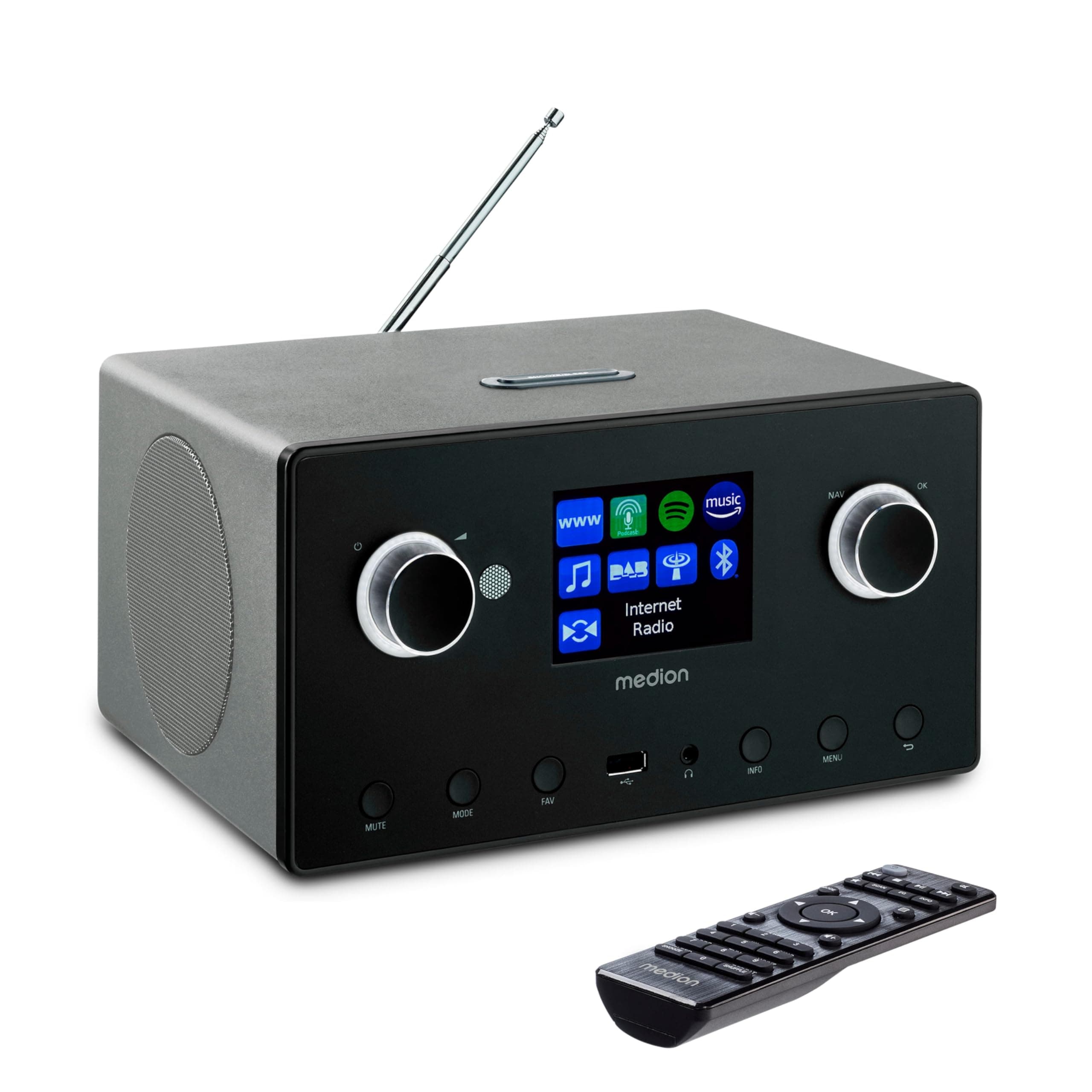MEDION P85444 2.1 Internetradio mit Subwoofer (DAB+, UKW Radio, Spotify Connect, WLAN, Bluetooth, Streaming, Equalizer, Farbdisplay, USB, AUX, Wecker, Schlummerfunktion, Sleep Timer) Titan Angebot bei HelloDeals
