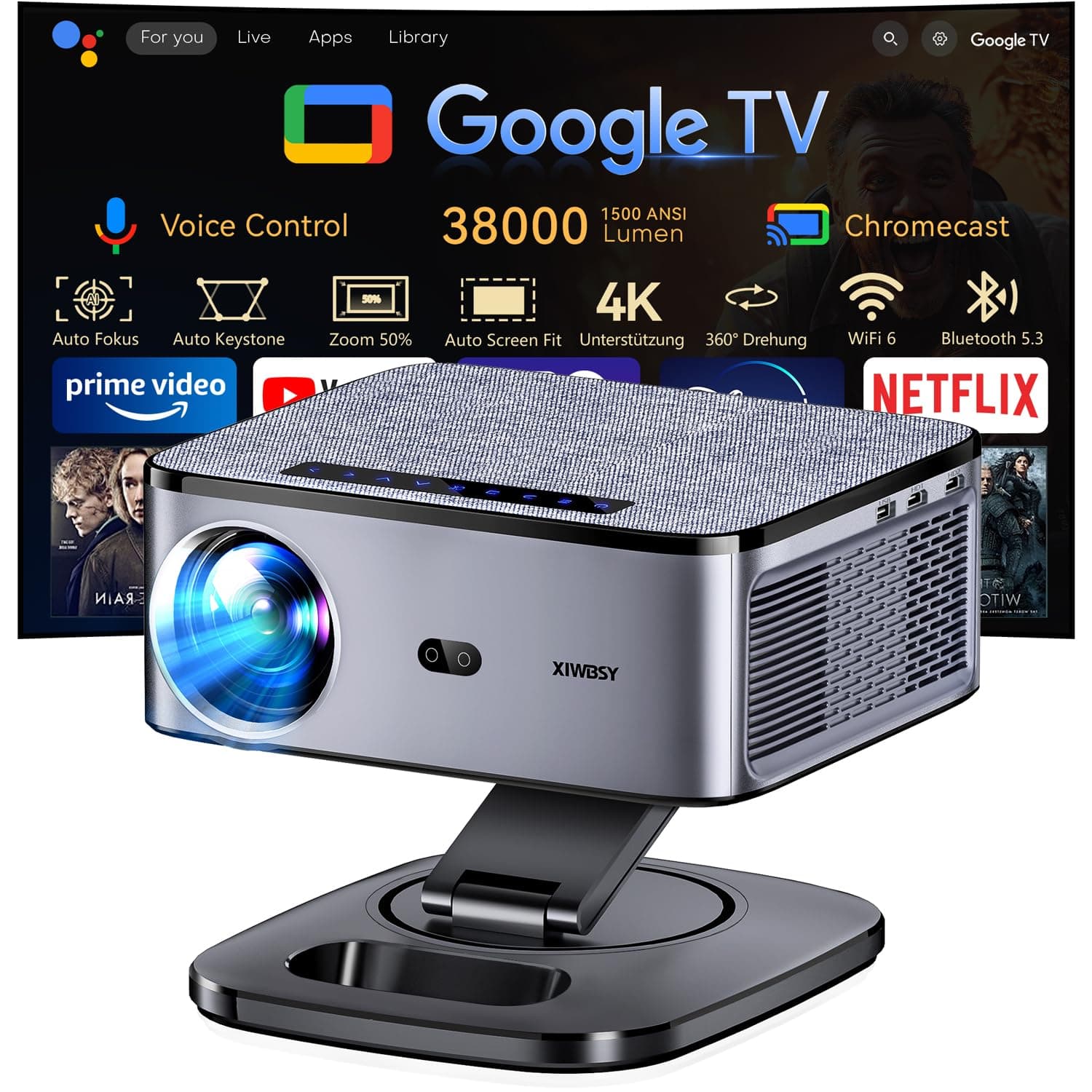 Beamer 4K【1500 ANSI & Google TV/Autofokus】 Full HD 1080P 38000 Lumen XIWBSY Smart Beamer mit WiFi 6, Bluetooth 5.3, HDR10, Sprachassistent, Heimkino & Outdoor Projektor Grau f Angebot bei HelloDeals
